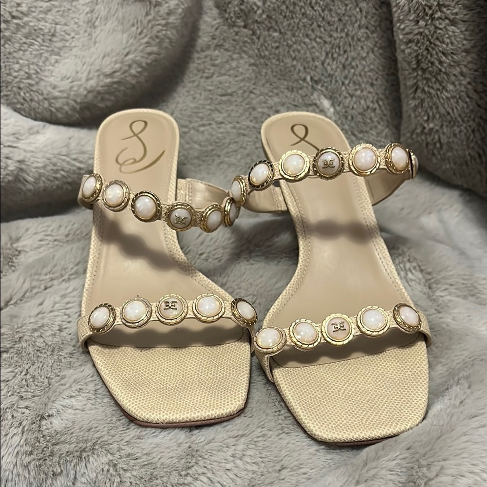 Sam Edelman Kitten Heal Cream Sandals with Gold Accents